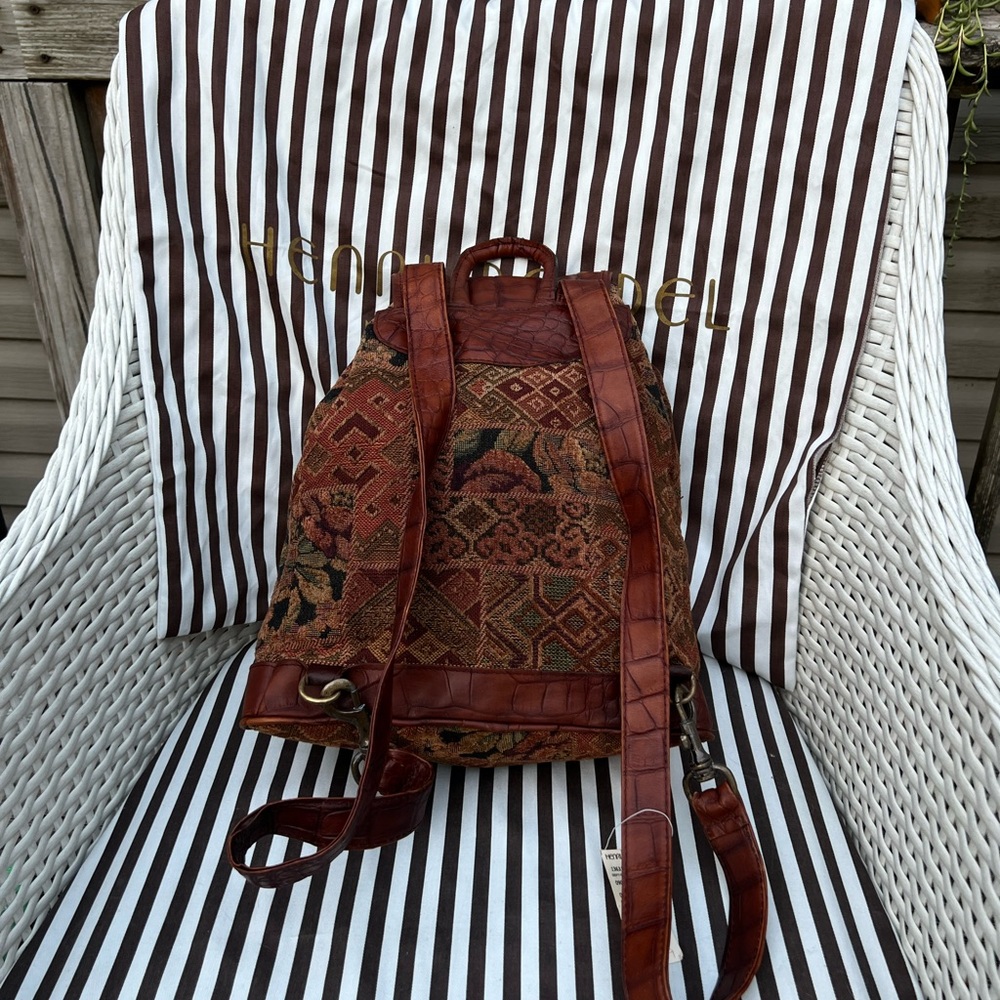 Henri Bendel Vintage Drawstring Croc-embossed Tapestry Backpack - Picture 3 of 16